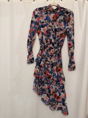 Misa Los Angeles Floral Long-Sleeve Ruffled Midi Dress - Blue, Pink, Red